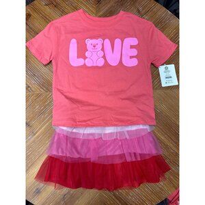 Cute Pink Love Bear Kids Short Sleeve Graphic Tee With Tulle Skirt Set 4T